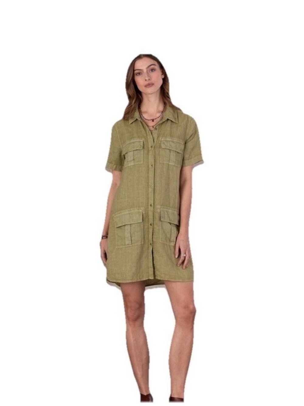 Sundance Olive Harper 100% Linen Shirt Dress Button Collared Short Sleeve XL